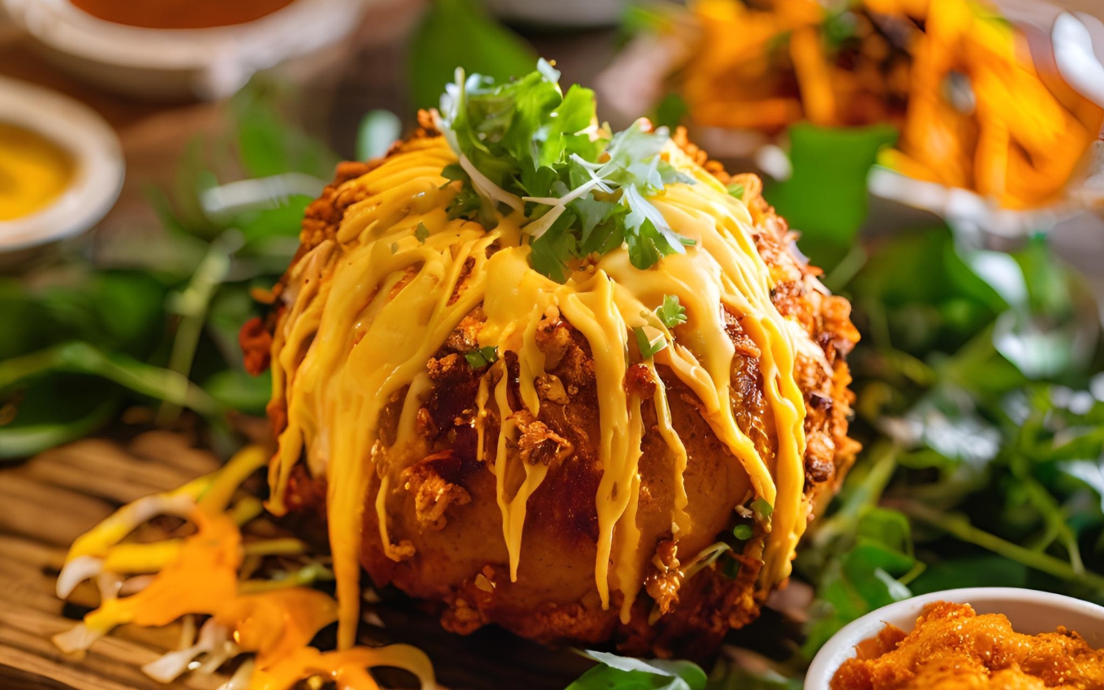  A golden, crispy Butter Chicken Bomb with molten cheesy center, paired with vibrant sides at Tikka 