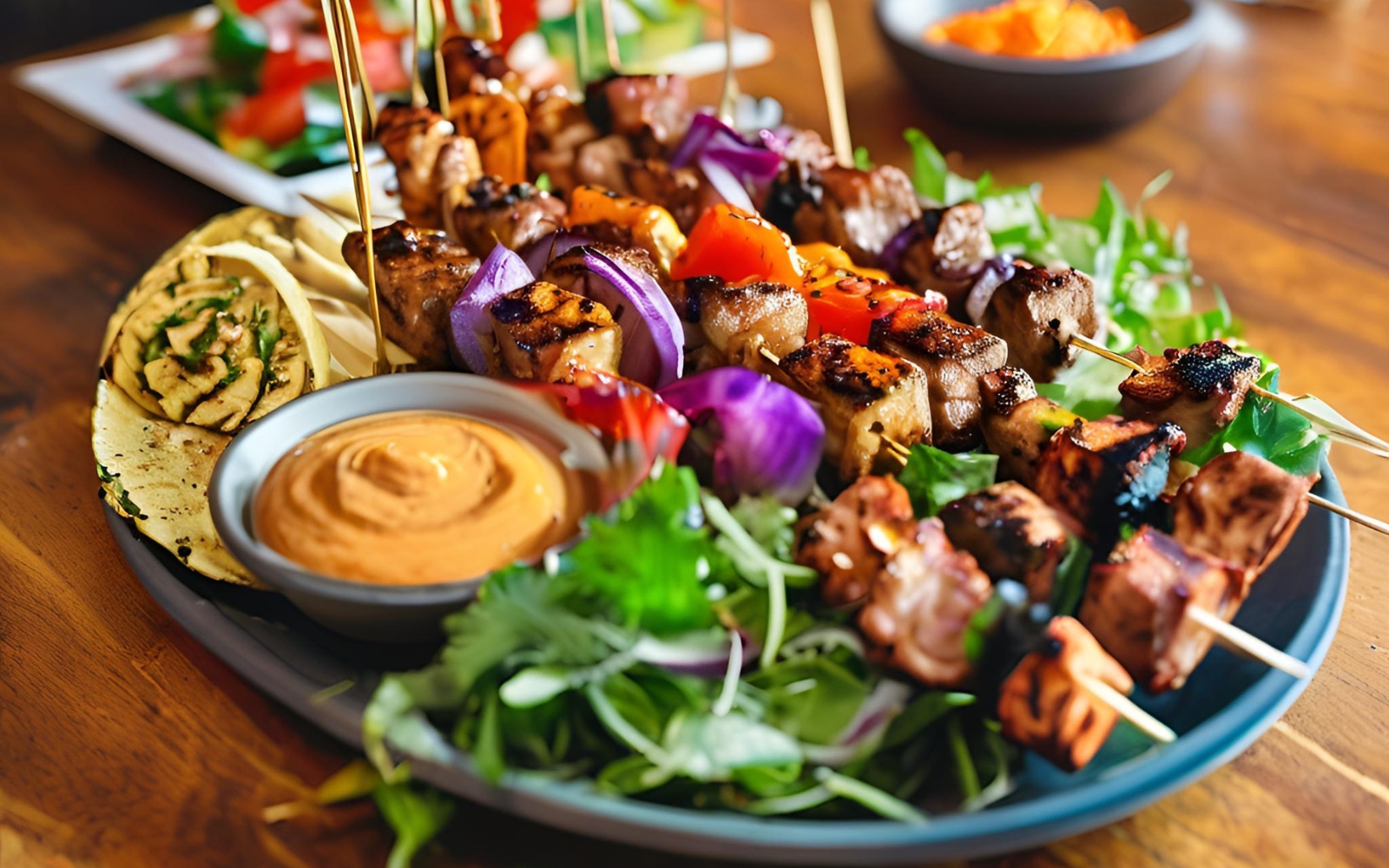 Juicy, char-grilled kebab skewers served with fresh sides and vibrant dips, reflecting the rich flav